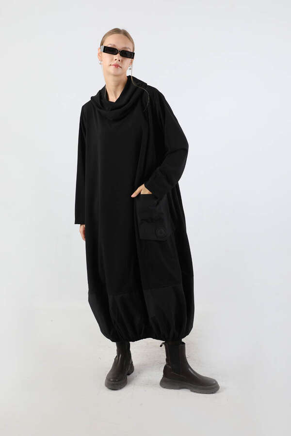 Dökümlü Yaka Tunik Elbise Siyah - 5