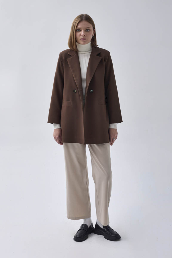 Double Breasted Blazer Jacket Brown - 1