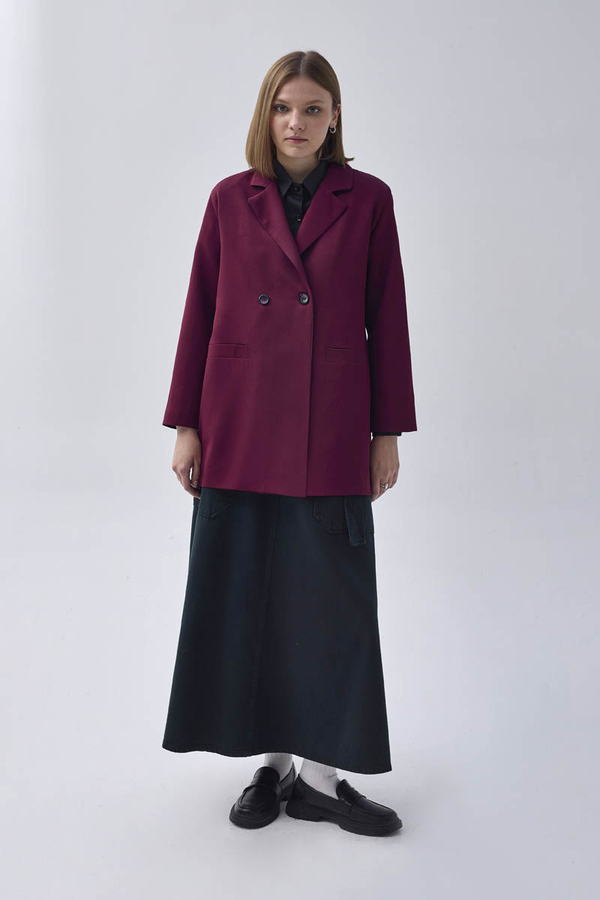 Double Breasted Blazer Jacket Burgundy - 2