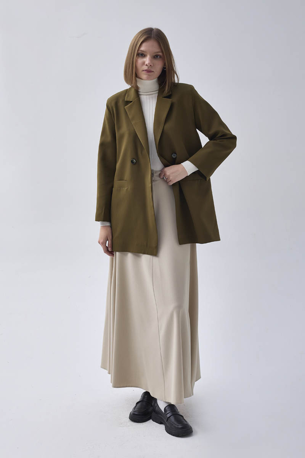 Double Breasted Blazer Jacket Khaki - 2
