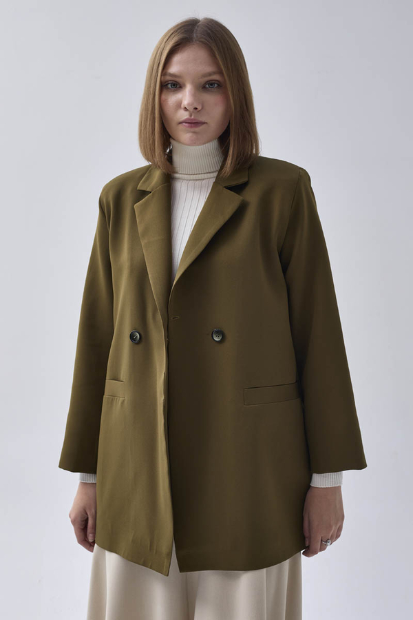 Double Breasted Blazer Jacket Khaki - 6