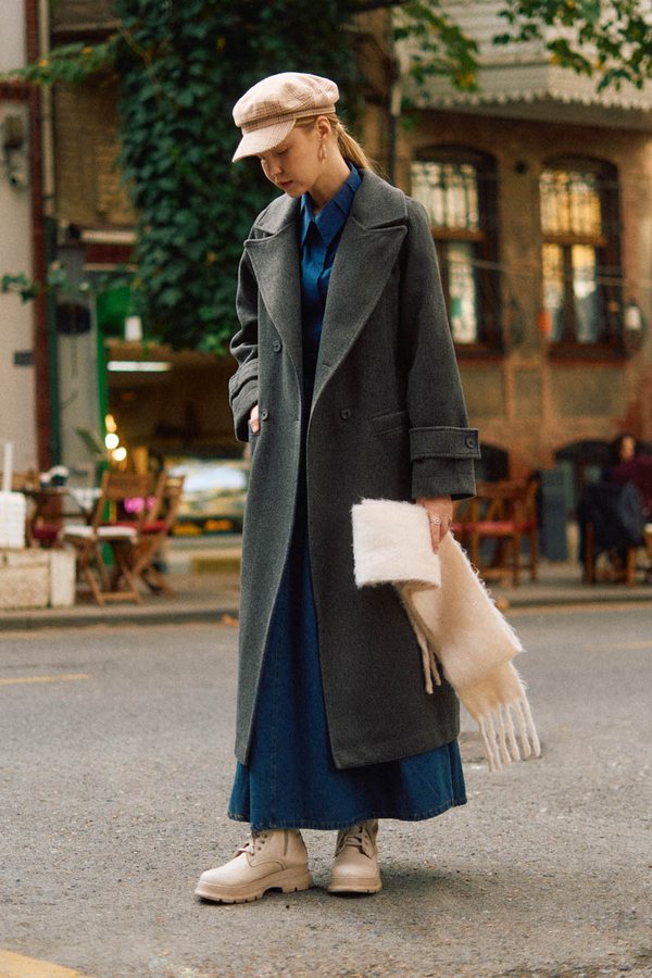 Double-Breasted Coat with Dart Detail Anthracite  