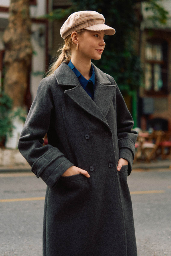 Double-Breasted Coat with Dart Detail Anthracite  - 4