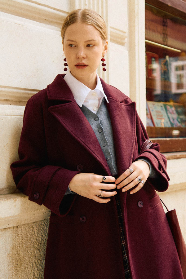 Double-Breasted Coat with Dart Detail Burgundy 
