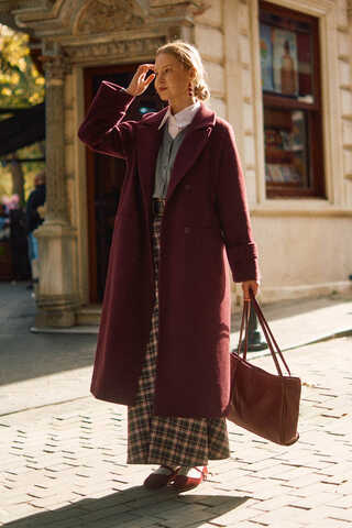 Double-Breasted Coat with Dart Detail Burgundy - 4