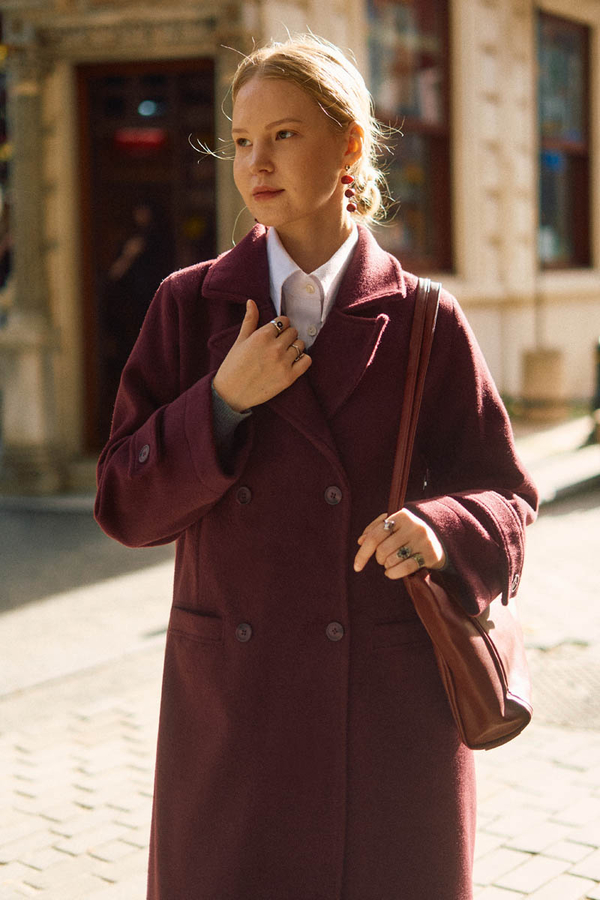 Double-Breasted Coat with Dart Detail Burgundy - 6