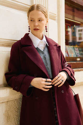 Double-Breasted Coat with Dart Detail Burgundy - 1