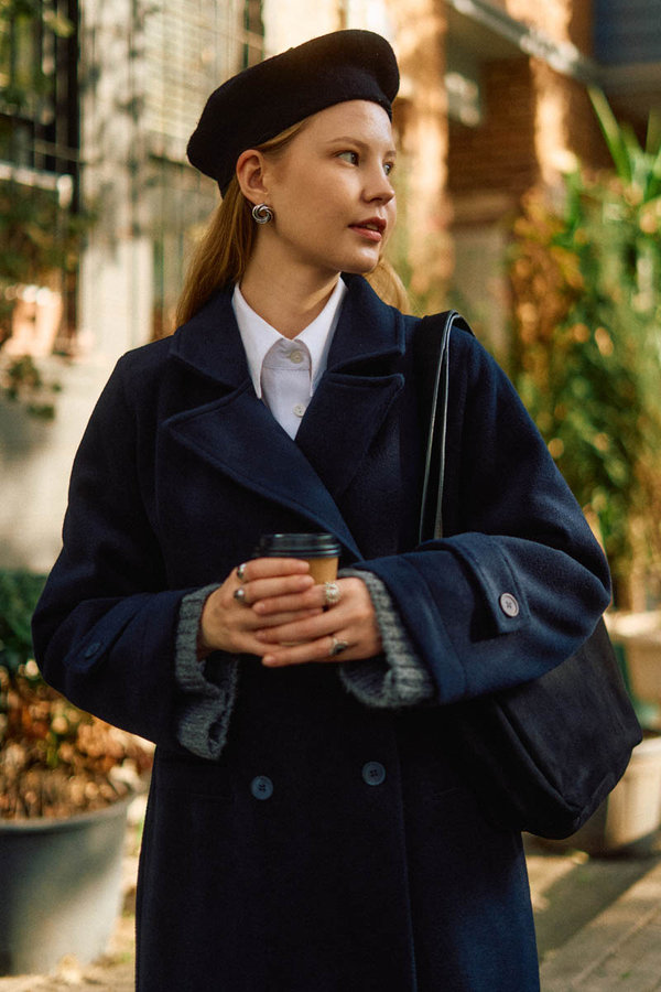 Double-Breasted Coat with Dart Detail Navy - 2