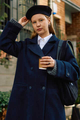 Double-Breasted Coat with Dart Detail Navy - 4