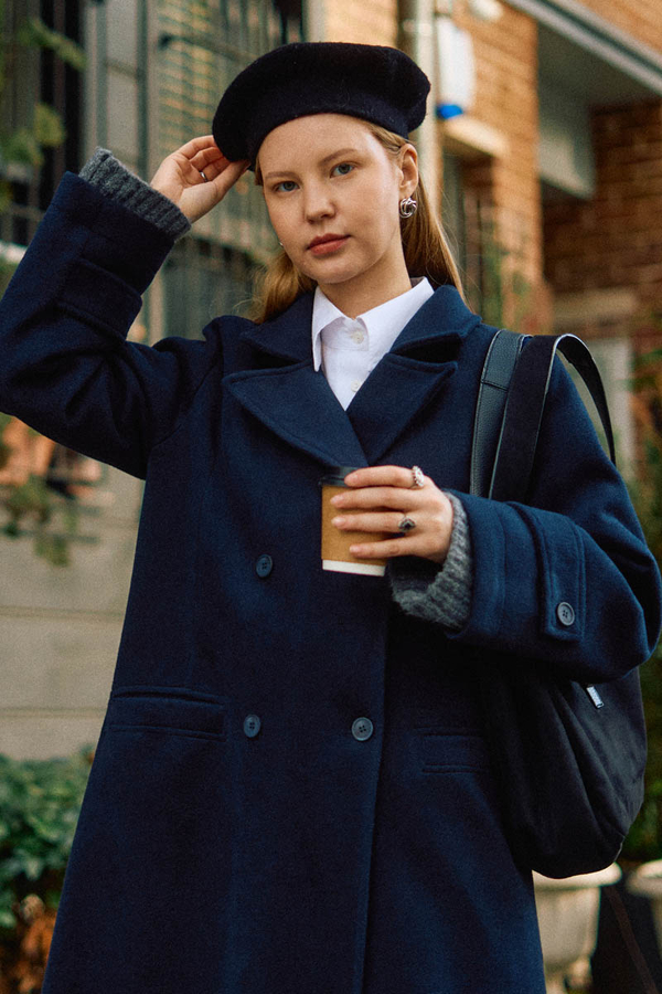 Double-Breasted Coat with Dart Detail Navy - 4