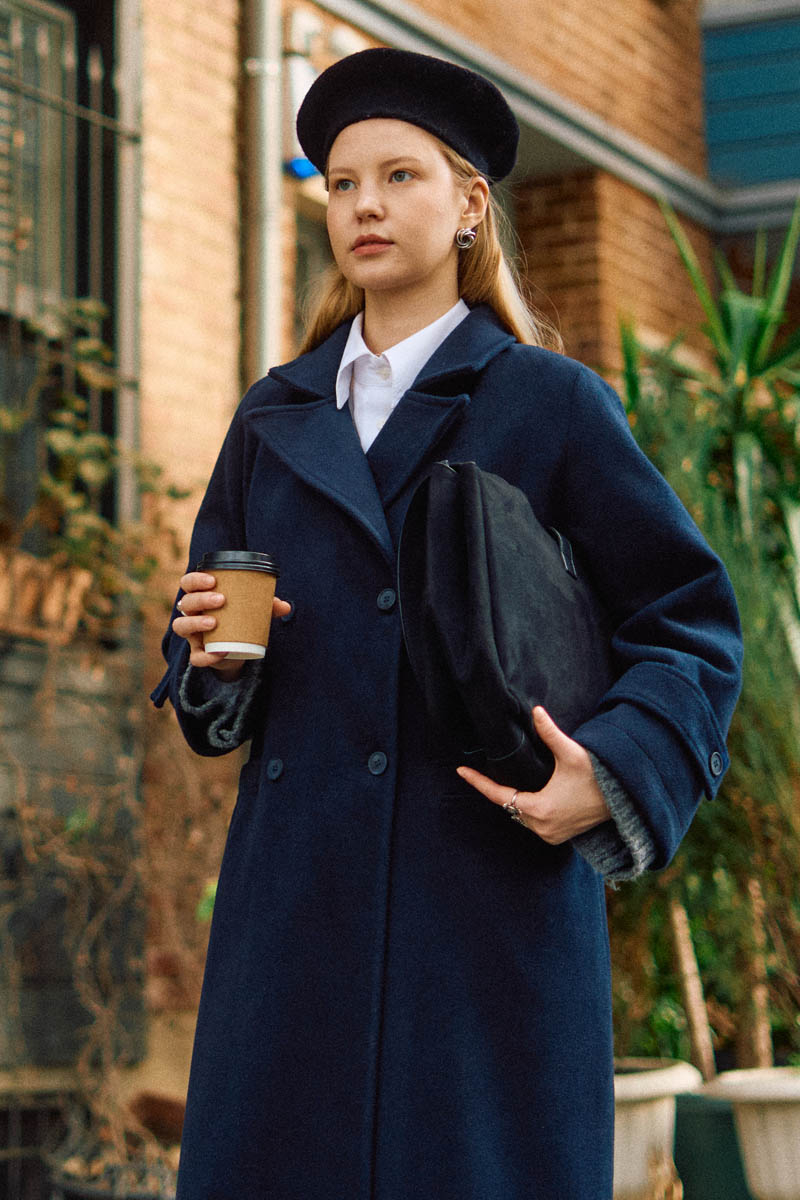 Double-Breasted Coat with Dart Detail Navy