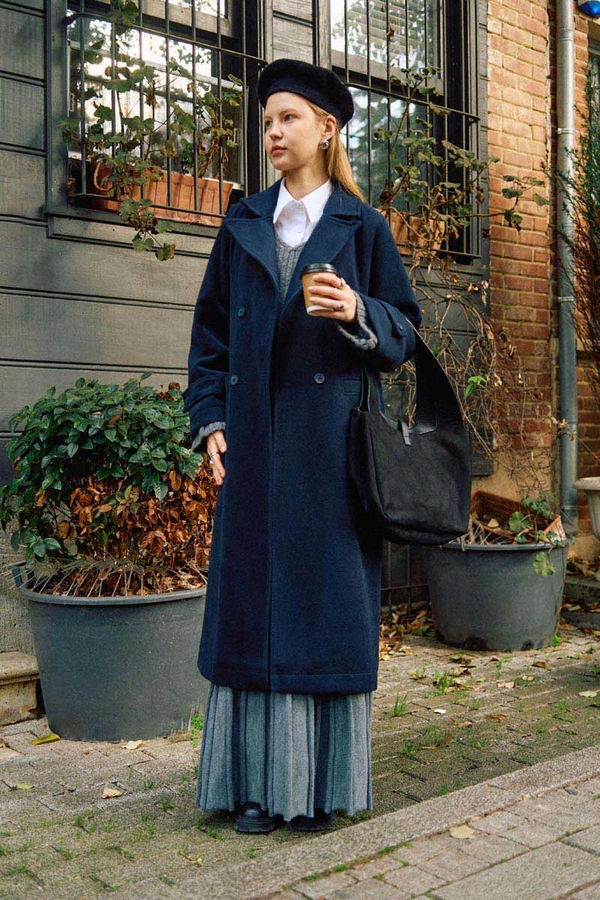 Double-Breasted Coat with Dart Detail Navy - 7