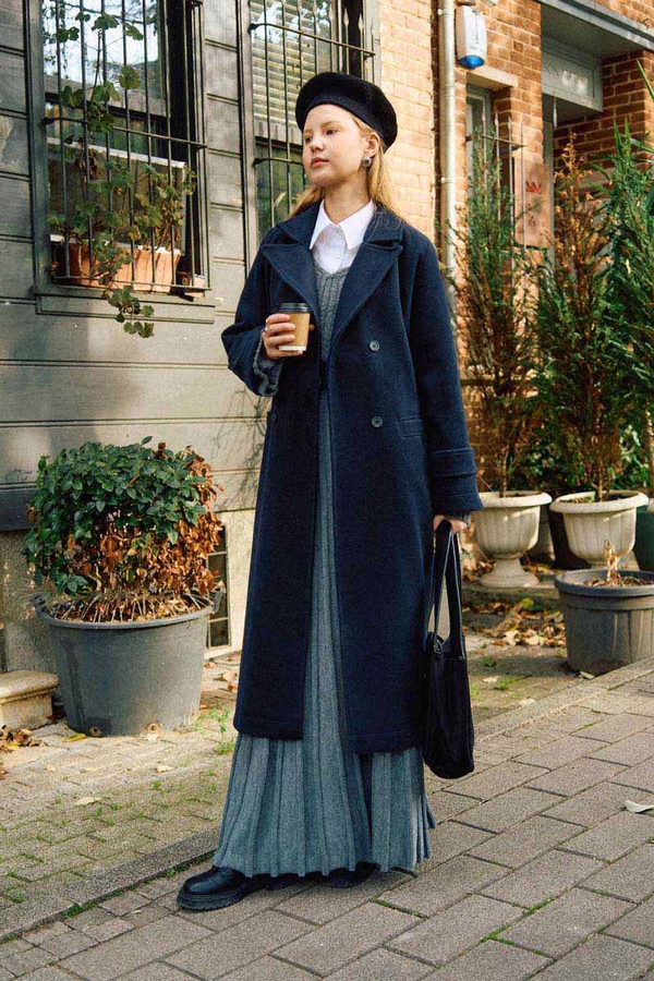 Double-Breasted Coat with Dart Detail Navy - 10