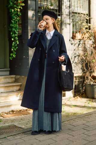 Double-Breasted Coat with Dart Detail Navy - 11