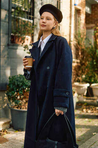Double-Breasted Coat with Dart Detail Navy - 12
