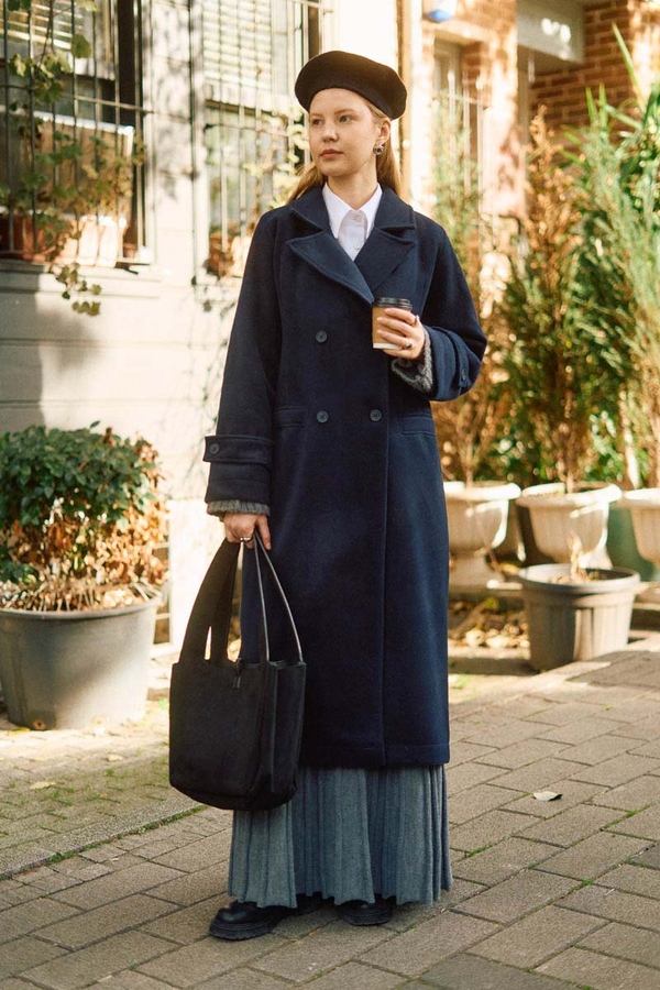 Double-Breasted Coat with Dart Detail Navy - 13