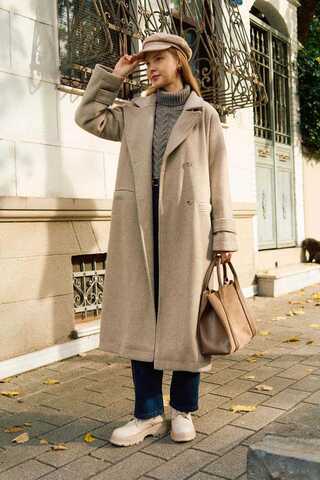 Double-Breasted Coat with Dart Detail Stone - 1