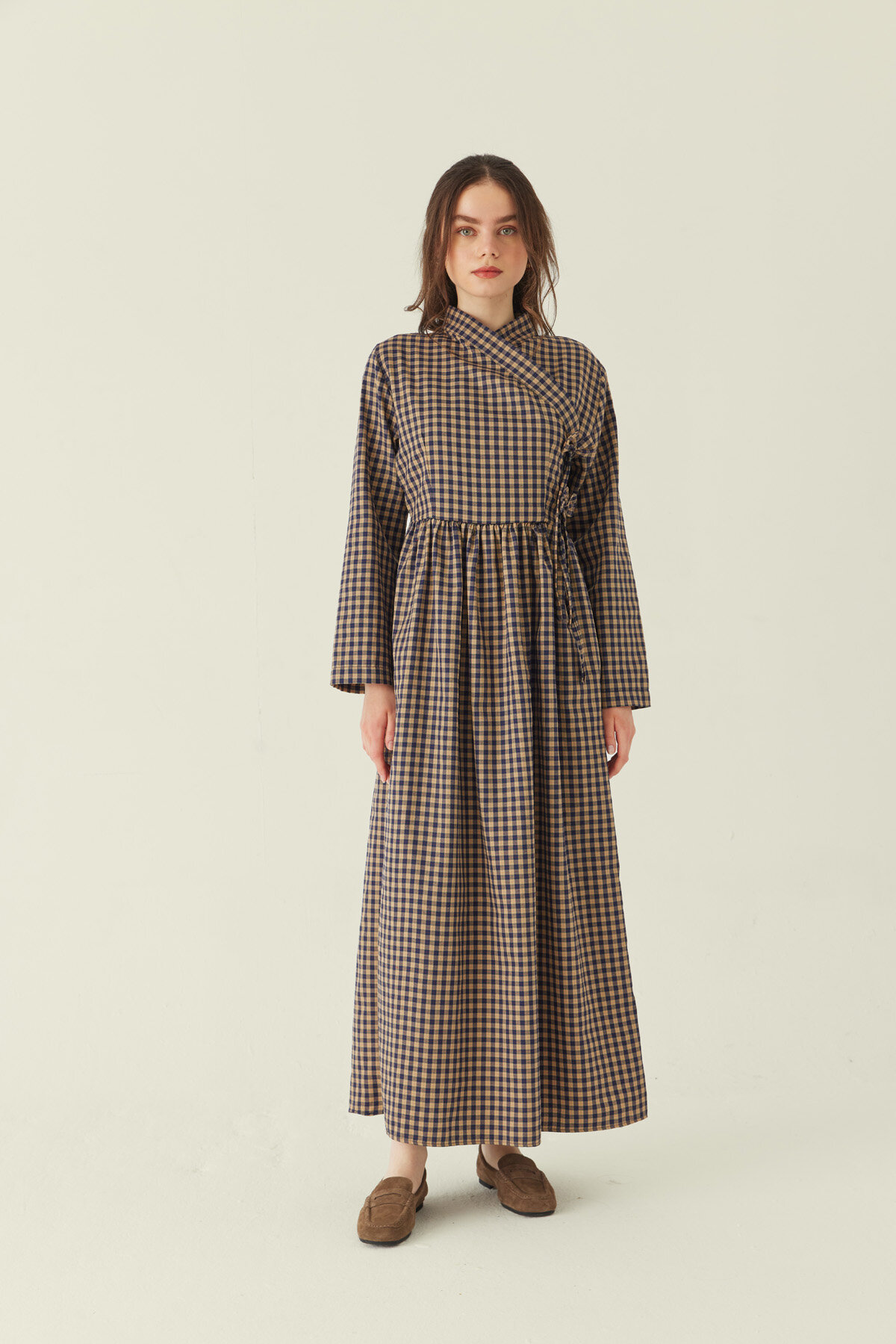 Double-Breasted Plaid Dress Beige