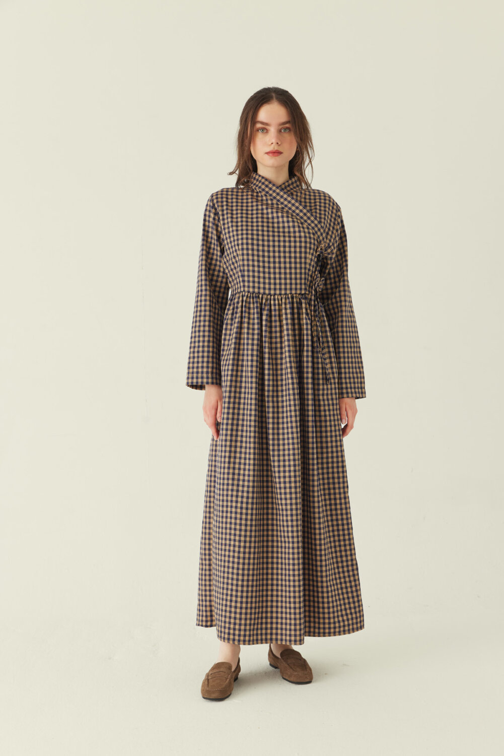 Double-Breasted Plaid Dress Beige - 1