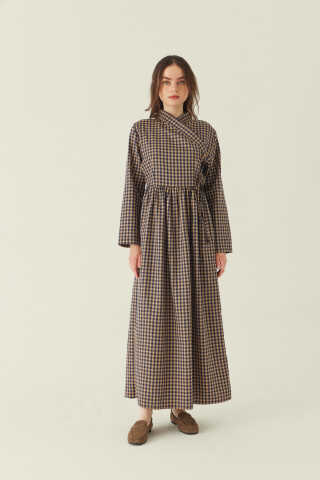 Double-Breasted Plaid Dress Beige - 1