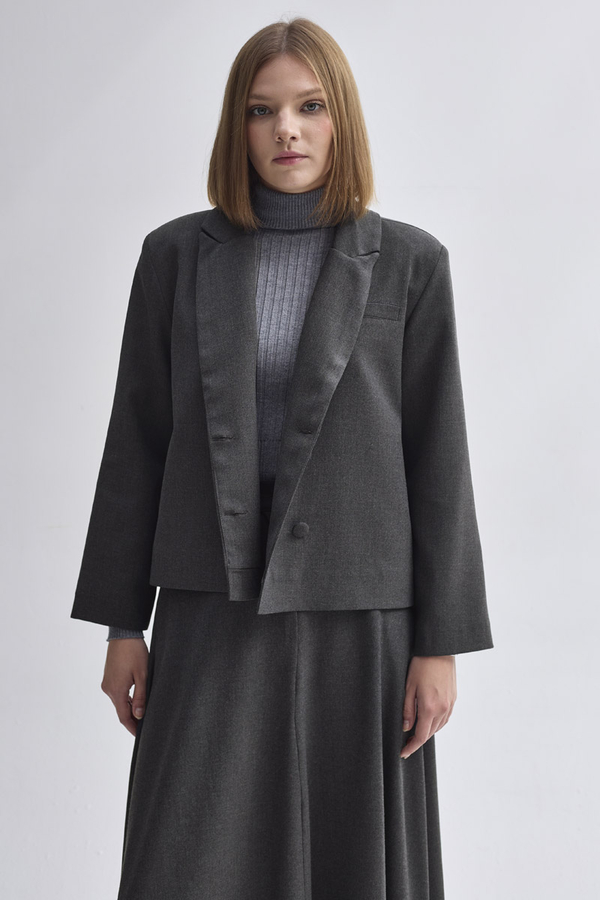 Double Breasted Short Blazer Jacket Anthracite - 4