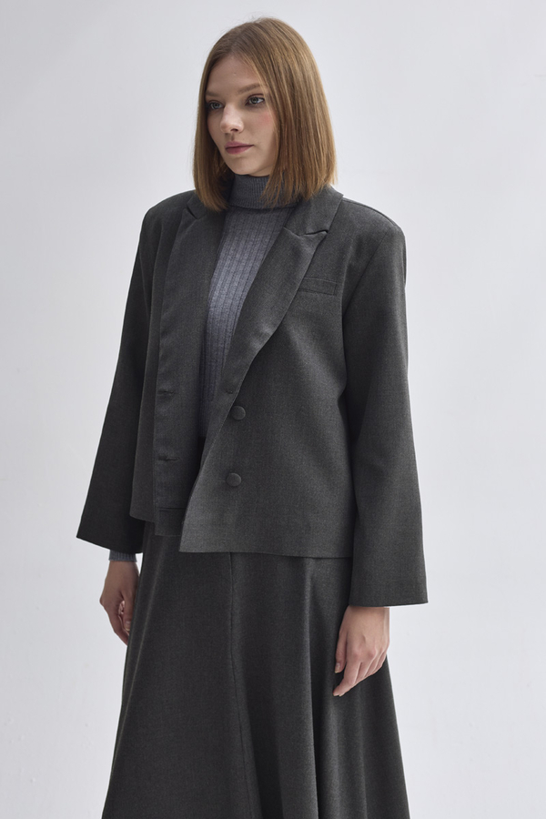 Double Breasted Short Blazer Jacket Anthracite - 6