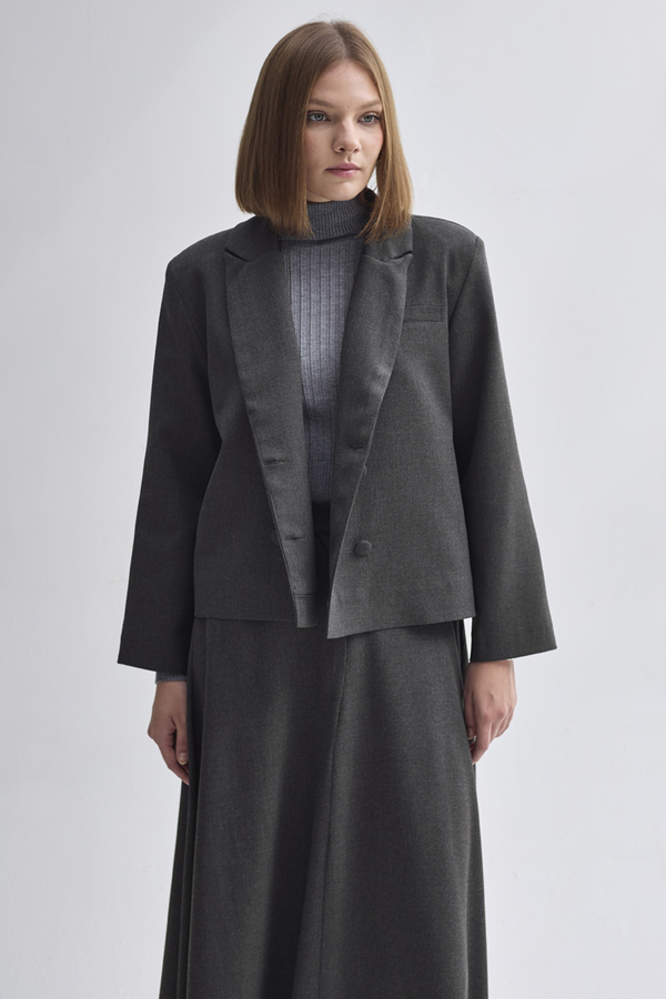 Double Breasted Short Blazer Jacket Anthracite - 8