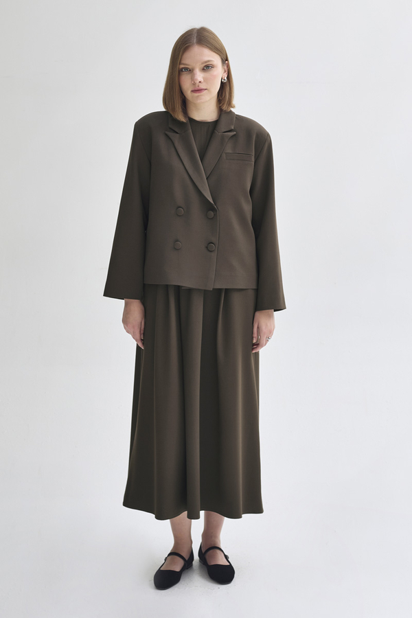 Double Breasted Short Blazer Jacket Brown - 2