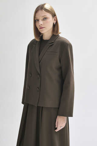 Double Breasted Short Blazer Jacket Brown - 5