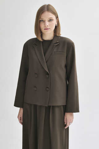 Double Breasted Short Blazer Jacket Brown - 6