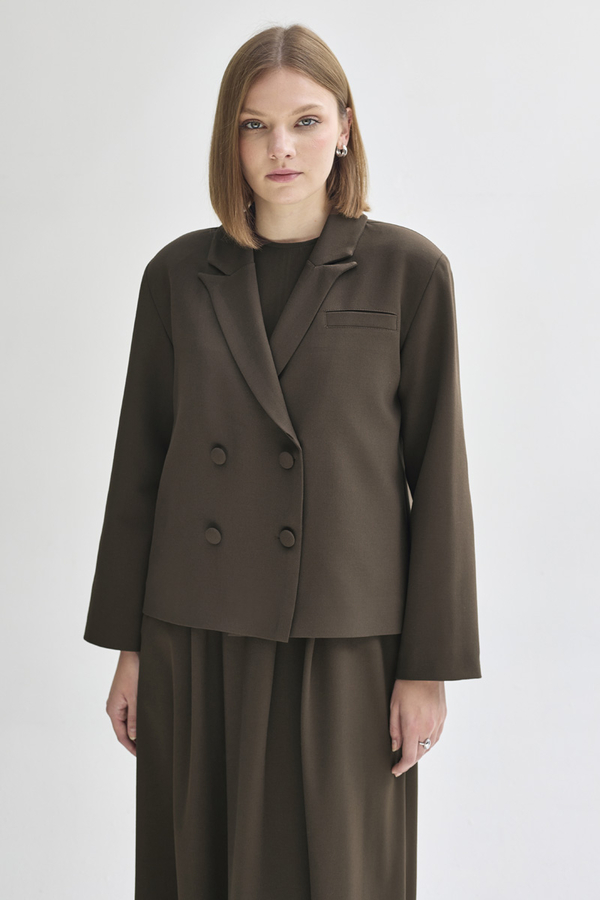 Double Breasted Short Blazer Jacket Brown - 6