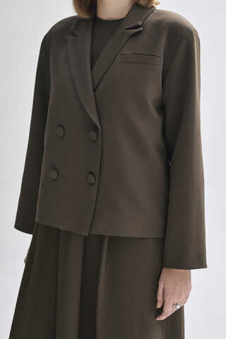 Double Breasted Short Blazer Jacket Brown - 7