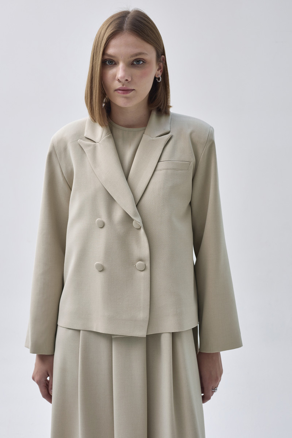 Double Breasted Short Blazer Jacket Stone 