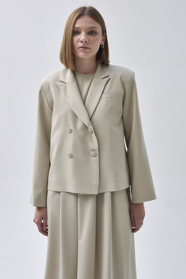 Double Breasted Short Blazer Jacket Stone - 3