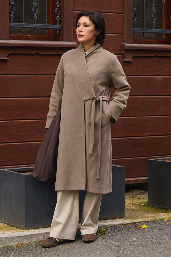 Double Breasted Wrap Coat Mink - 8