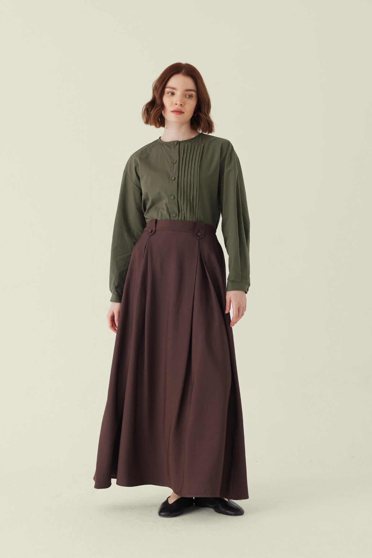 Double Pleated Tencel Skirt Brown