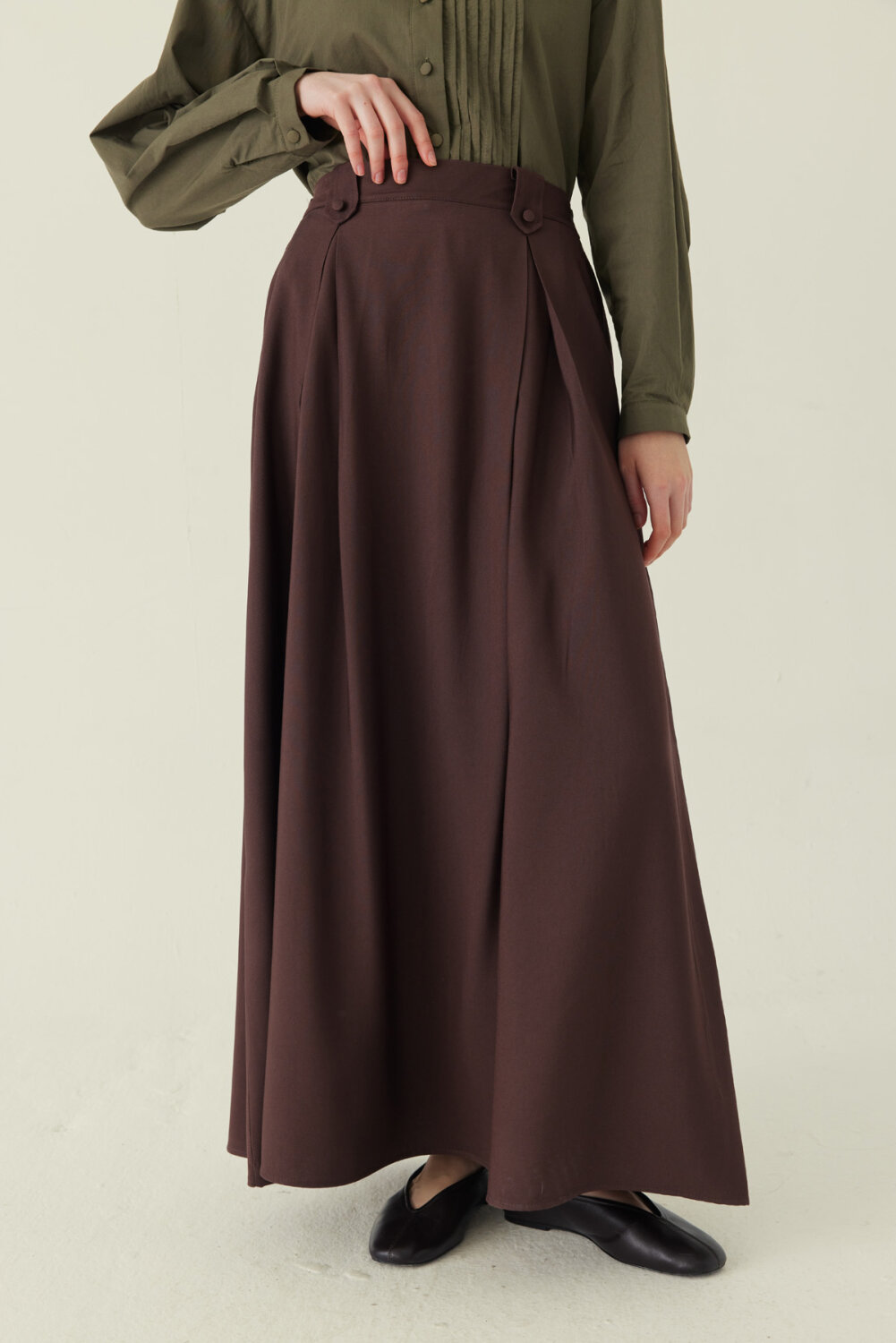 Double Pleated Tencel Skirt Brown - 4