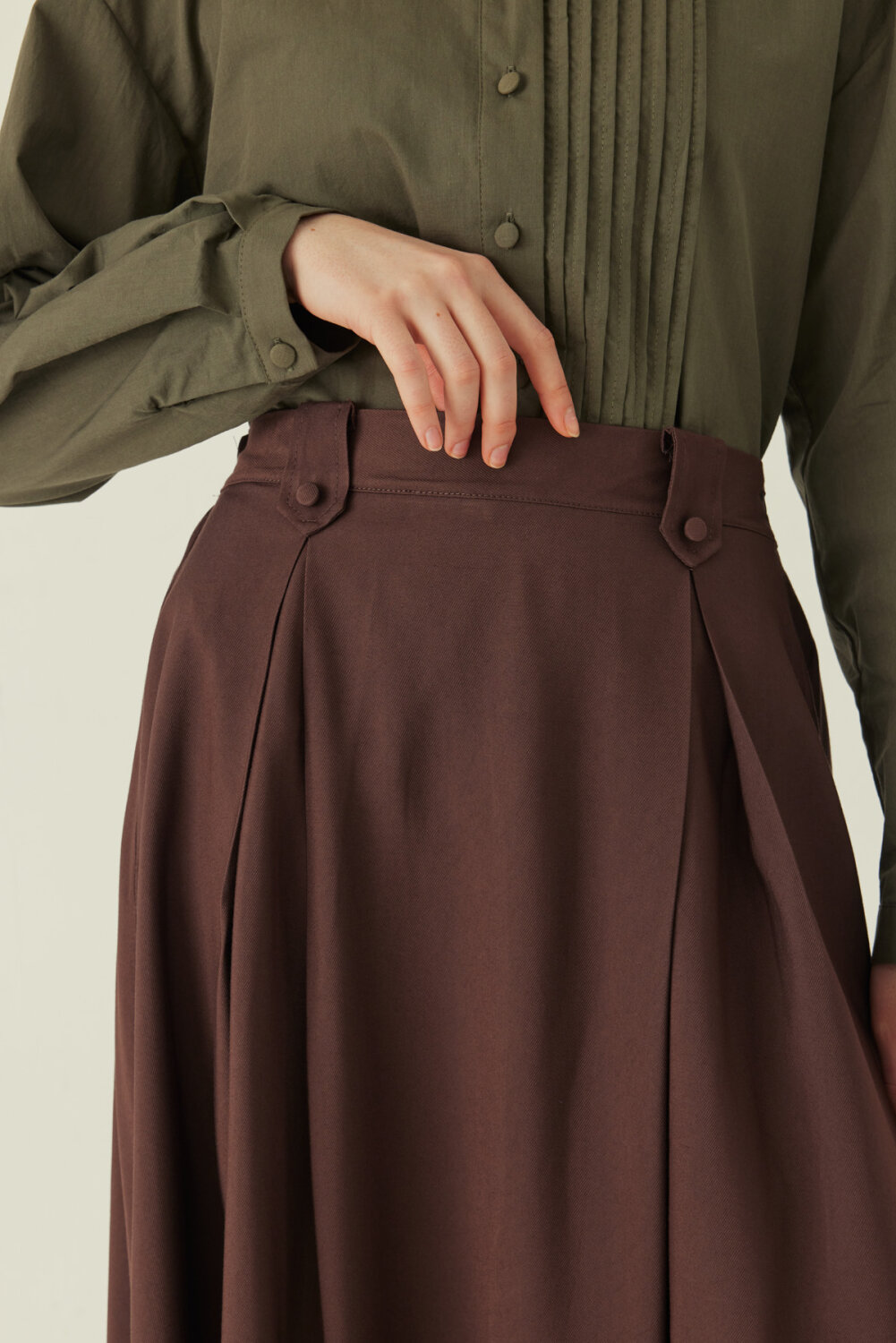 Double Pleated Tencel Skirt Brown - 2