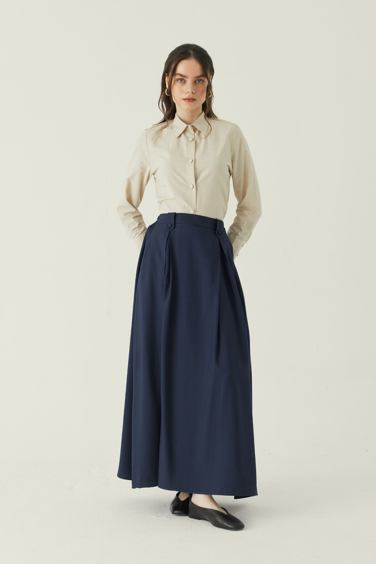Double Pleated Tencel Skirt Navy