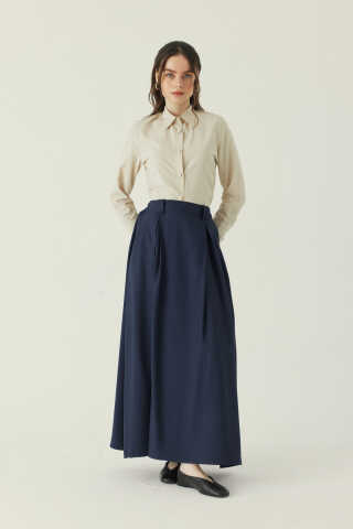 Double Pleated Tencel Skirt Navy - 1