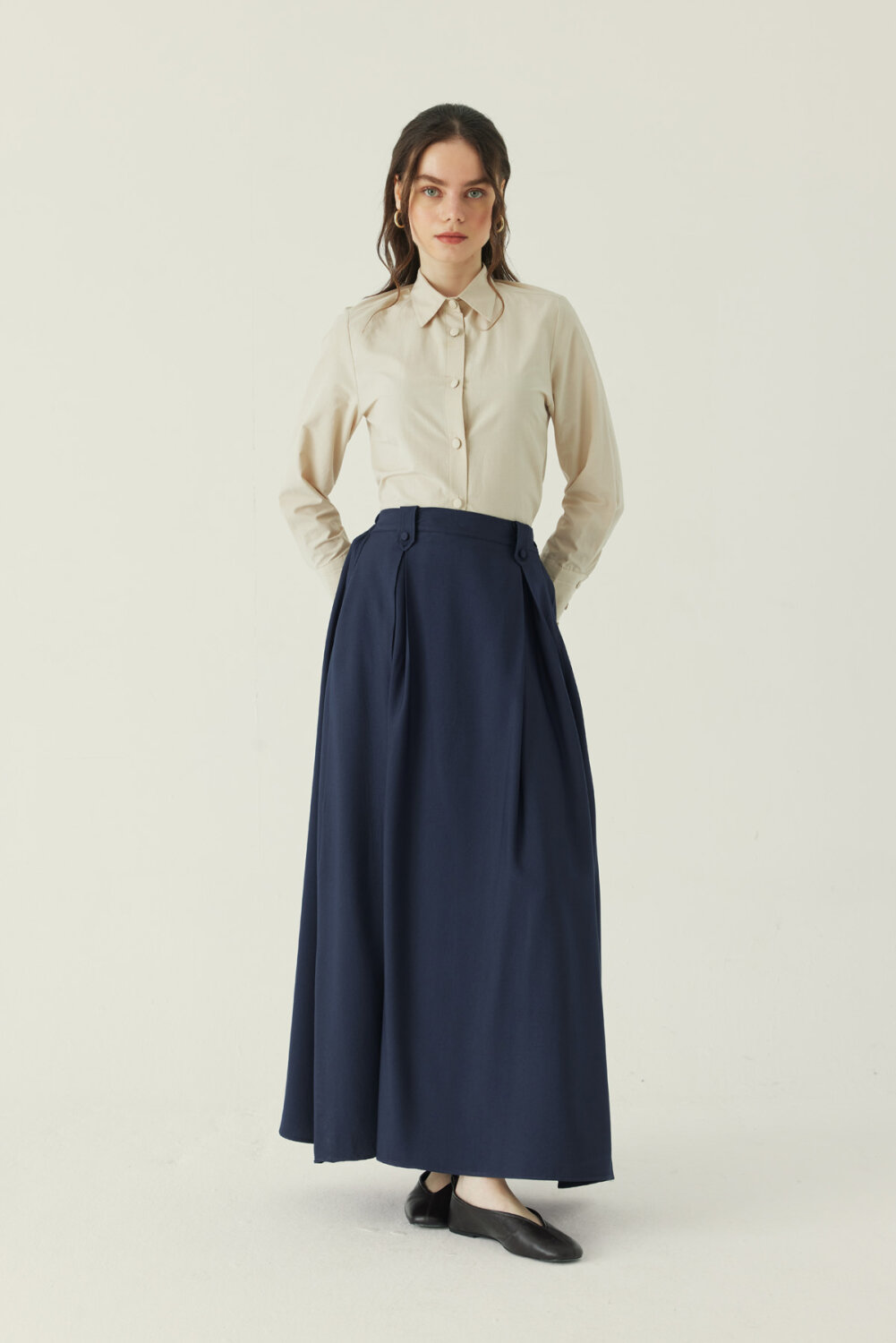 Double Pleated Tencel Skirt Navy