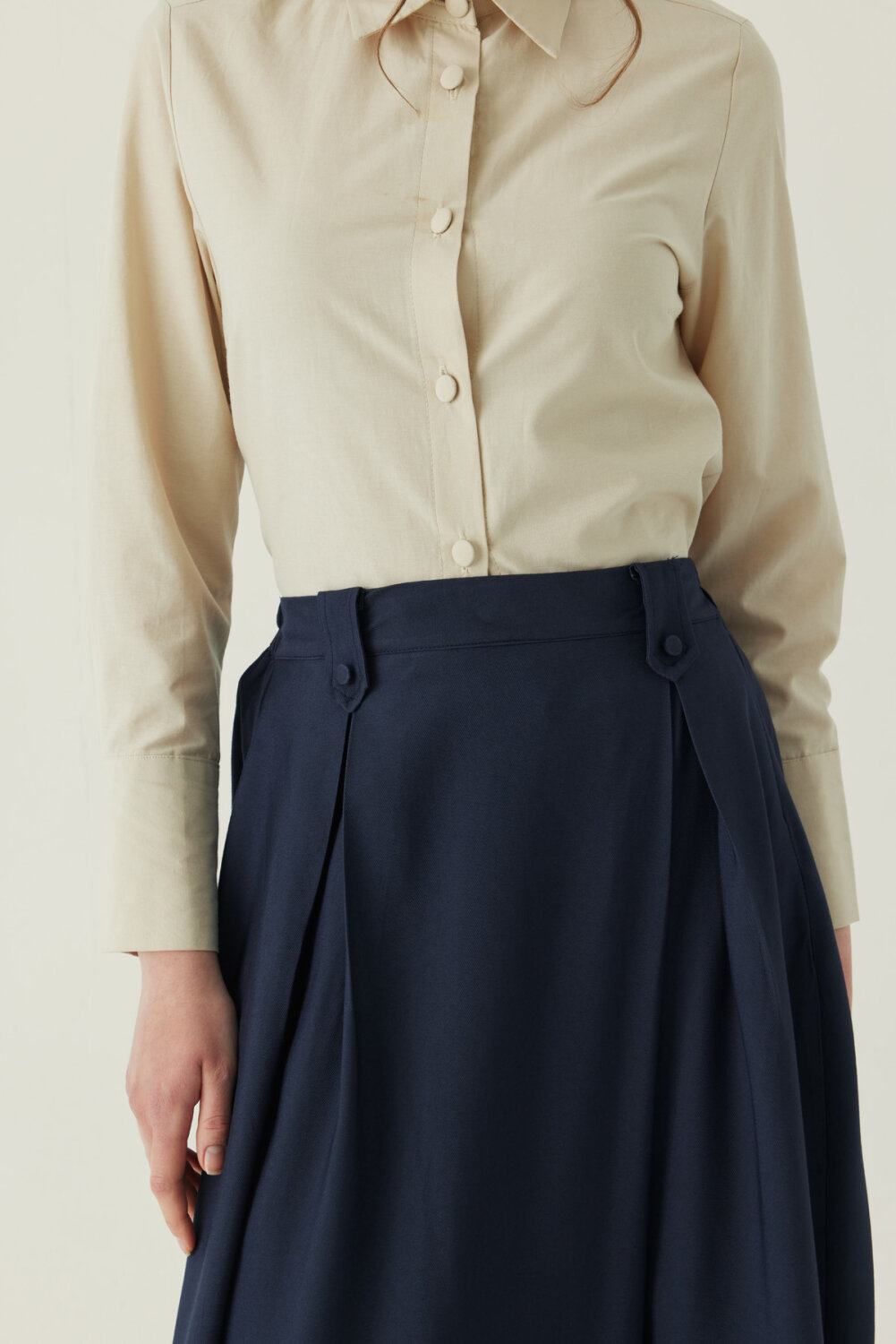 Double Pleated Tencel Skirt Navy - 3