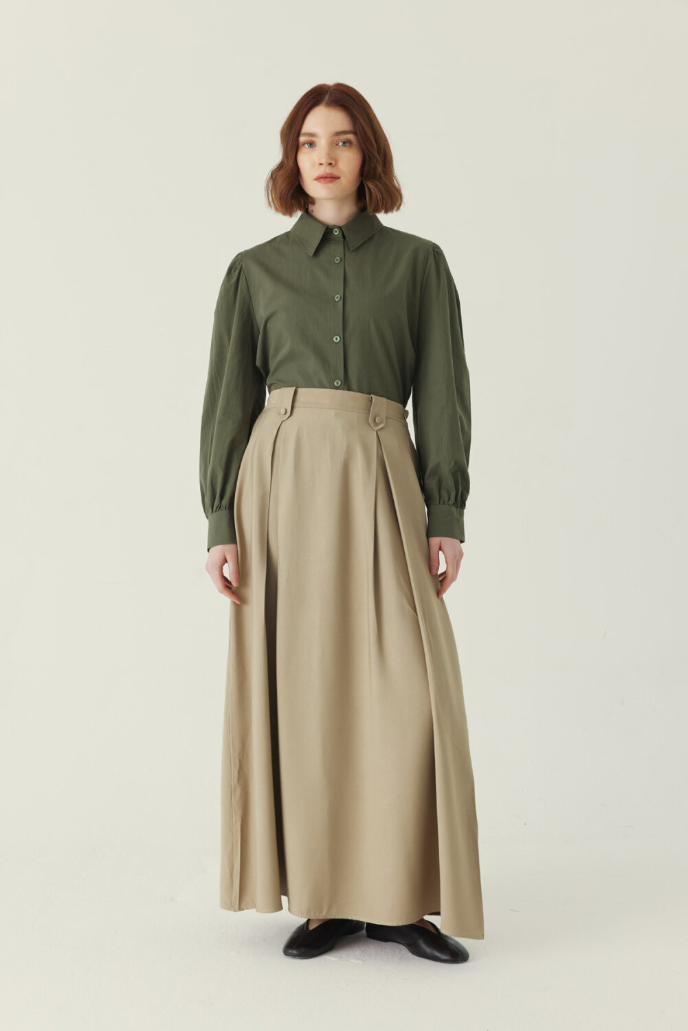 Double-Pleated Tencel Skirt – Soft Khaki - 1