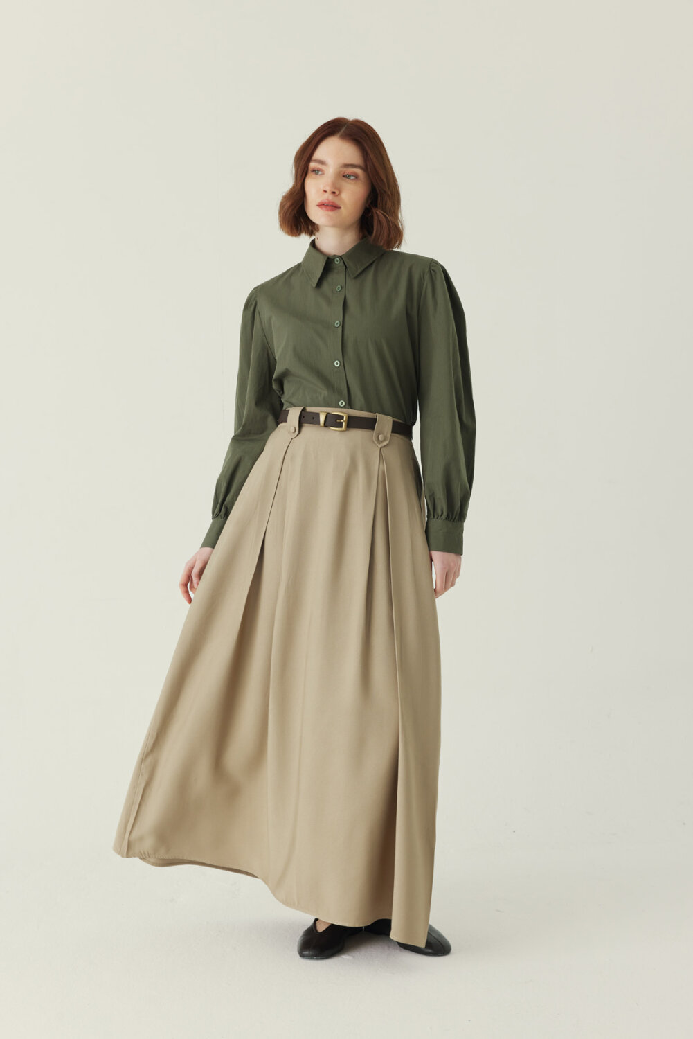 Double-Pleated Tencel Skirt – Soft Khaki - 3