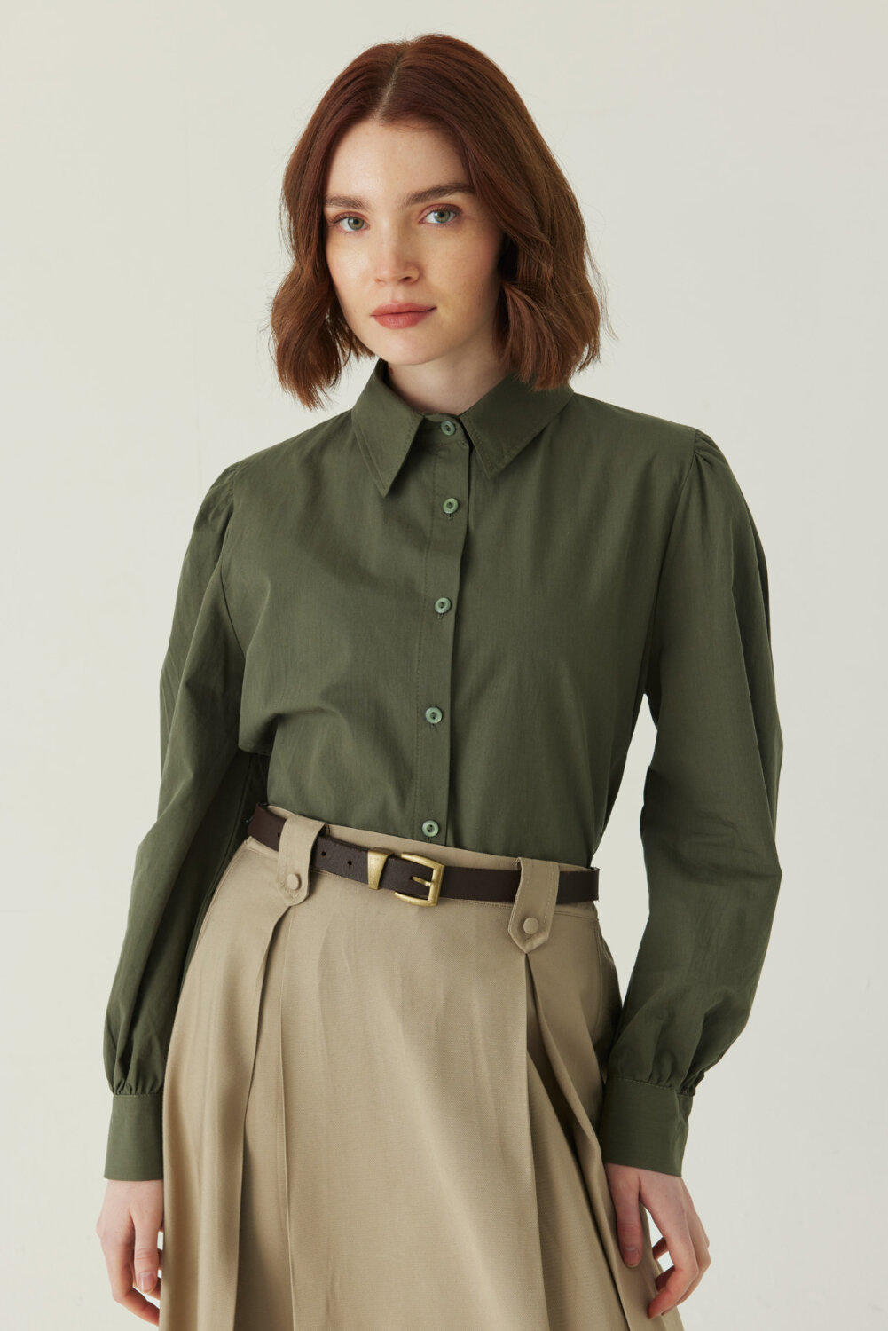 Double-Pleated Tencel Skirt – Soft Khaki - 4