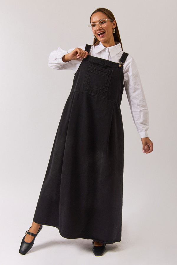 Double Pocket Denim Pinafore Black - 2