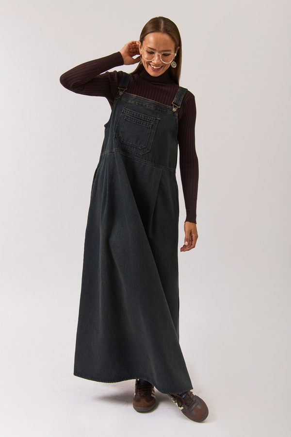 Double Pocket Denim Pinafore Dark Blue - 2