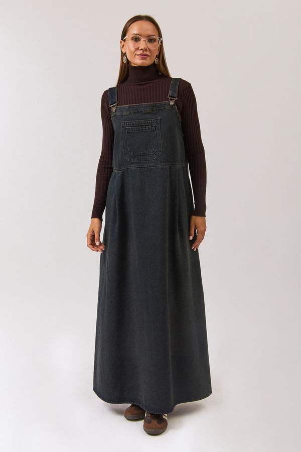 Double Pocket Denim Pinafore Dark Blue - 3