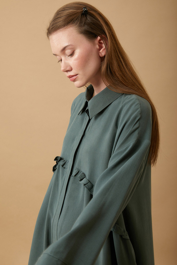 Dress with Frilled Yoke Detail Petrol Blue - 5