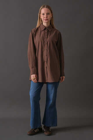 Drop-Shoulder Buttoned Shirt Brown - 1